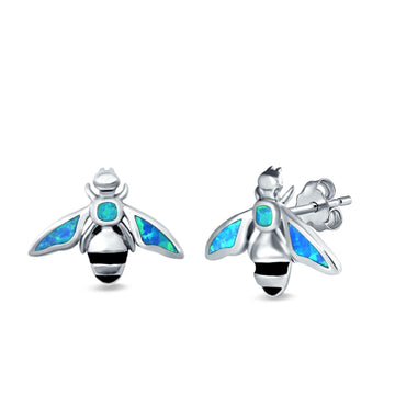 Bee Stud Earrings Lab Created Blue Opal 925 Sterling Silver (11mm)